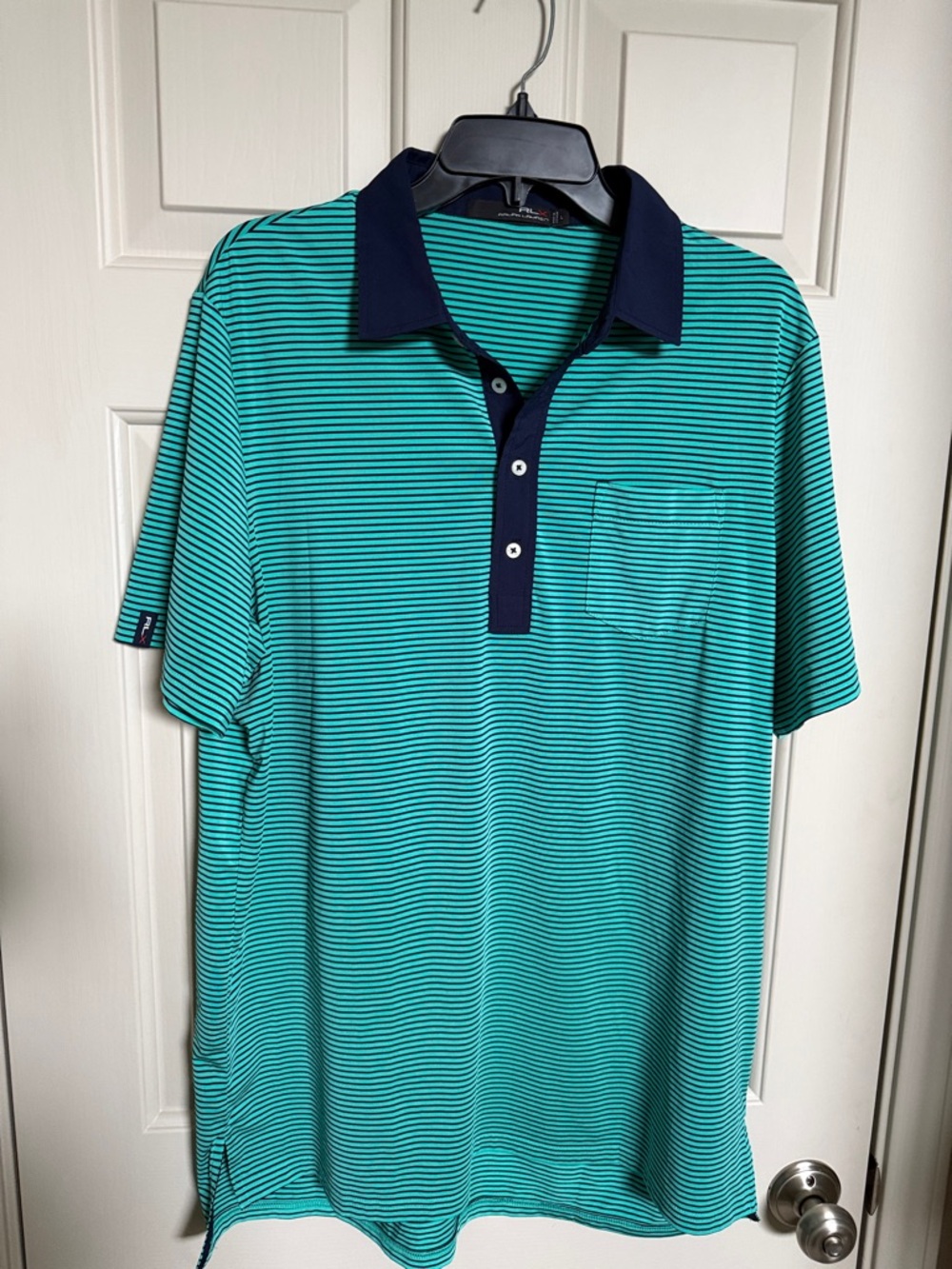 RLX Ralph Lauren Teal Polo with Navy Contrast Collar White Manor Country Club